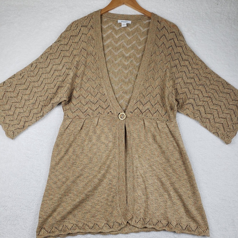 Dressbarn Tan Chevron Pointelle Knit Cardigan Kimono Sleeve Single Button Large